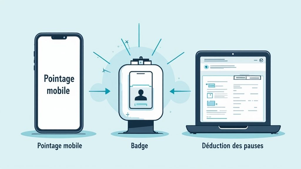 Illustration d'un système de pointage des heures de travail via mobile, badge et déduction des pauses sur un ordinateur.
