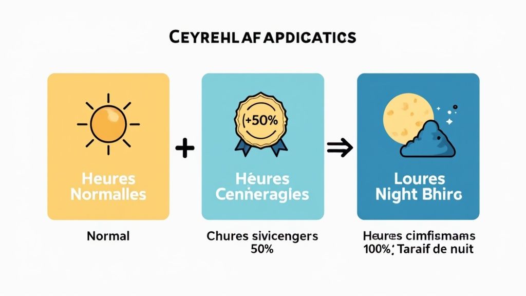 Diagramme explicatif des heures de travail: normales, majorées à 50% et de nuit à 100%.
