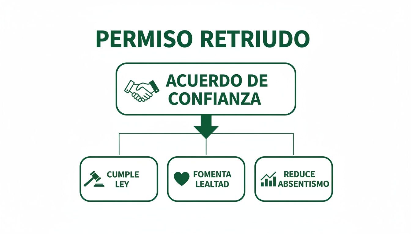 Diagrama que ilustra los beneficios del permiso retribuido: cumplimiento legal, fomento de lealtad y reducción del absentismo.