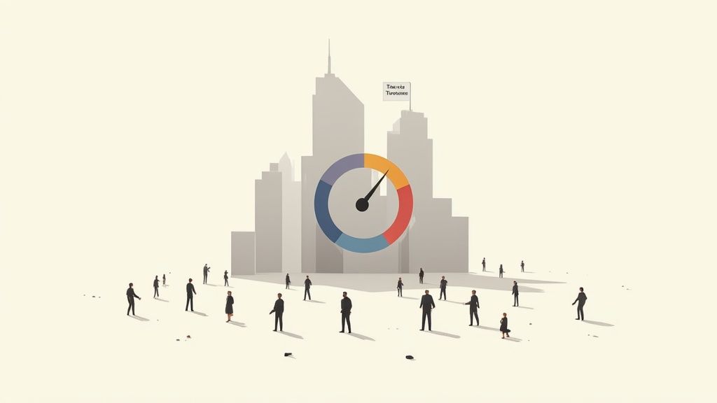 Une ville avec gratte-ciel, un cadran de performance coloré et des personnes, symbolisant le taux de turnover.