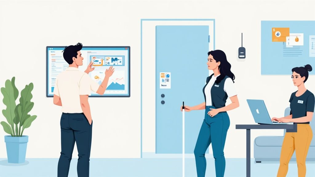 Un homme interagit avec un écran tactile, une femme avec une canne blanche et une autre travaille sur un ordinateur portable dans un bureau.