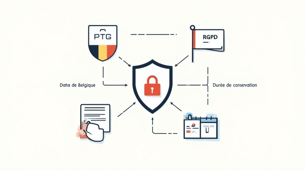 Diagramme illustrant la protection des données en Belgique, incluant PTG, RGPD, durée de conservation et gestion documentaire sécurisée.
