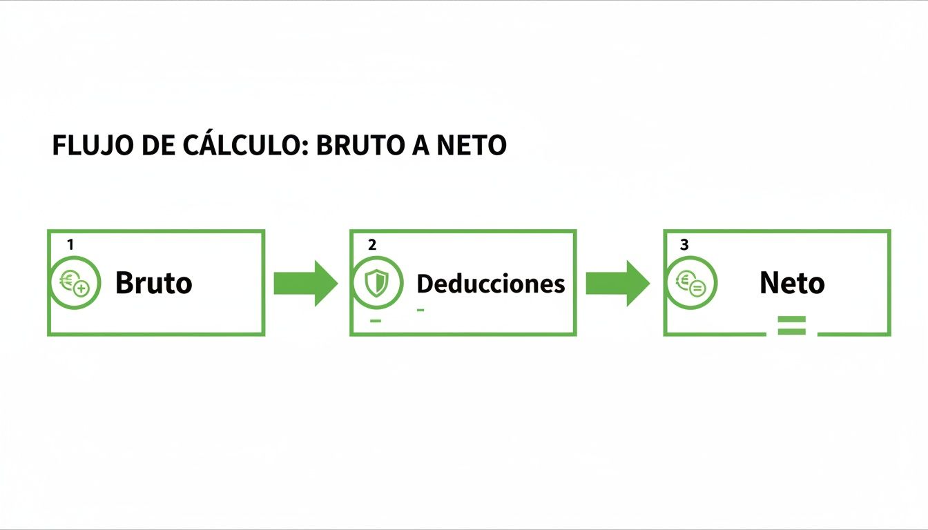 Diagrama de flujo que ilustra el proceso de cálculo de bruto a neto con deducciones.
