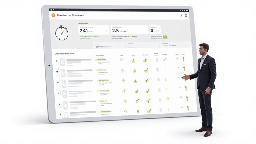 Un homme en costume présente une grande tablette affichant une application de gestion des temps avec diverses métriques et données.