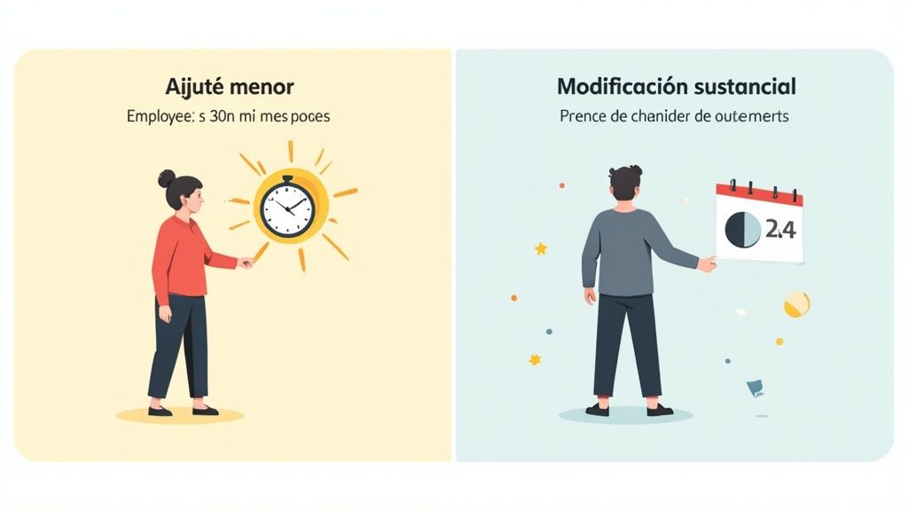Representación visual de ajustes menores (mujer con reloj) y modificaciones sustanciales (hombre con calendario) en el horario de trabajo.
