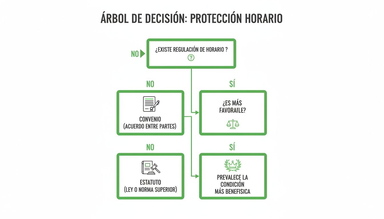 Árbol de decisión sobre protección de horario laboral, evaluando regulaciones y acuerdos.