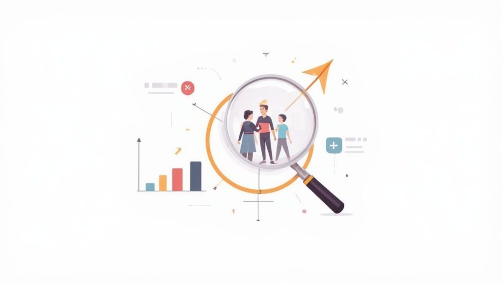 Loupe grossissant des personnes avec des graphiques de croissance, des indicateurs de performance et des icônes analytiques.