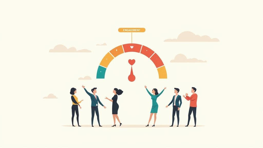 Illustration de six personnes célébrant un haut niveau d'engagement, symbolisé par une jauge au cœur rouge.