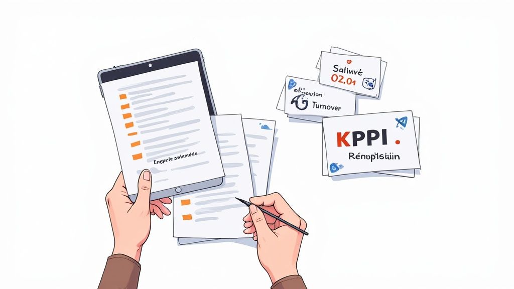 Mains interagissant avec une tablette et des documents, symbolisant l'analyse de données et les rapports d'entreprise.