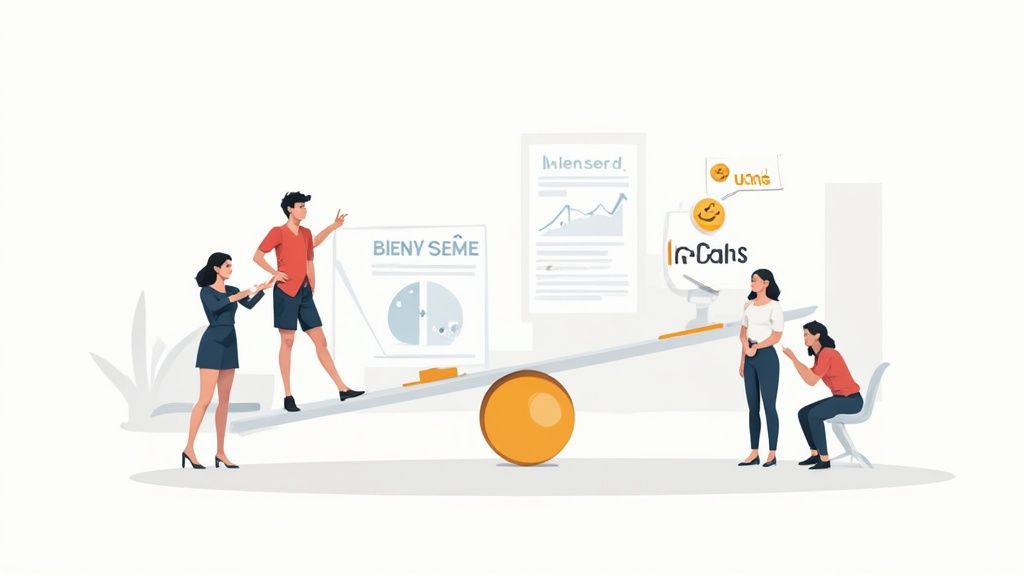 Une illustration d'équilibre professionnel avec des équipes et des documents sur une bascule, symbolisant la comparaison.