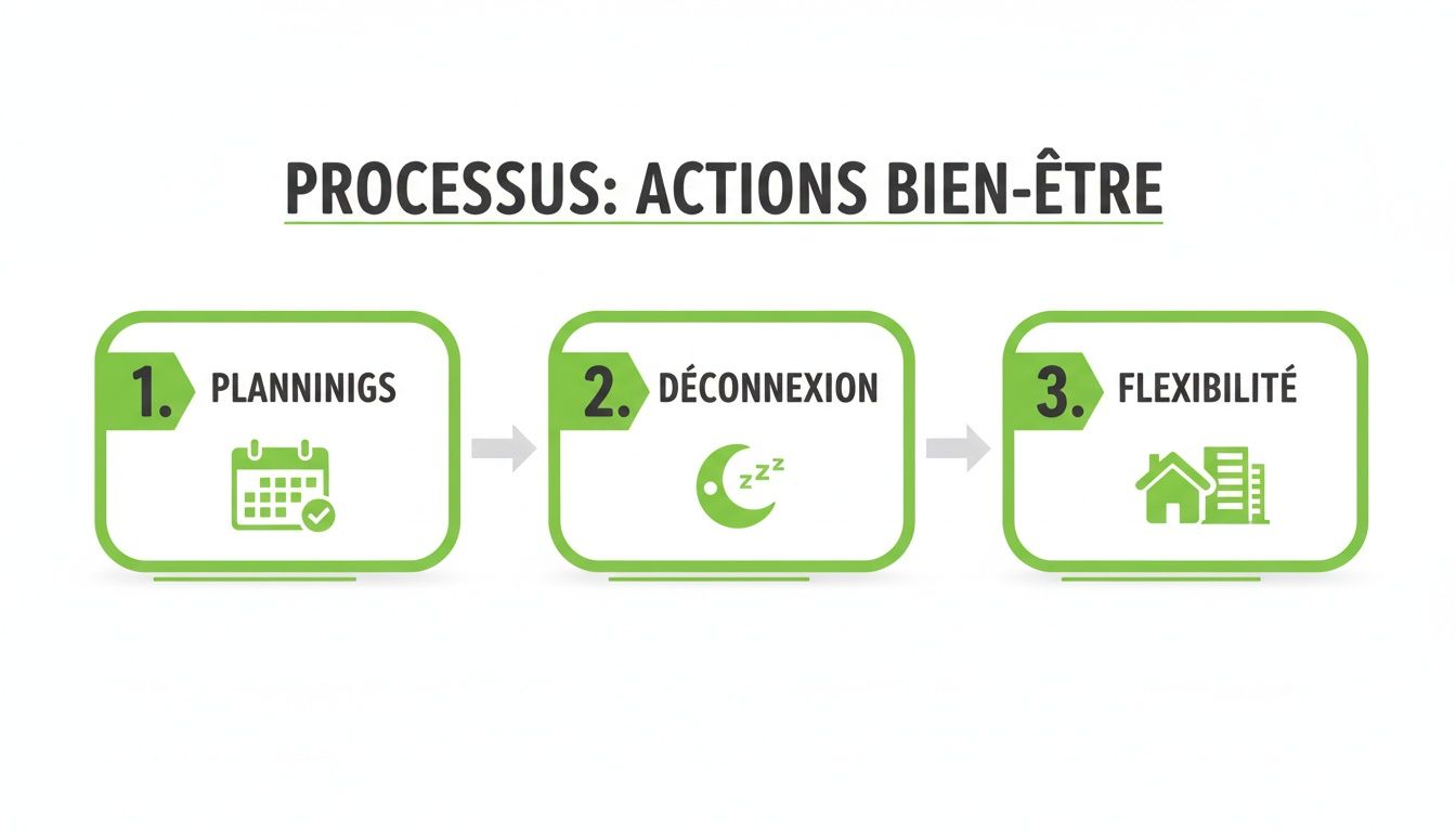 Processus en trois étapes pour le bien-être au travail: plannings, déconnexion et flexibilité.
