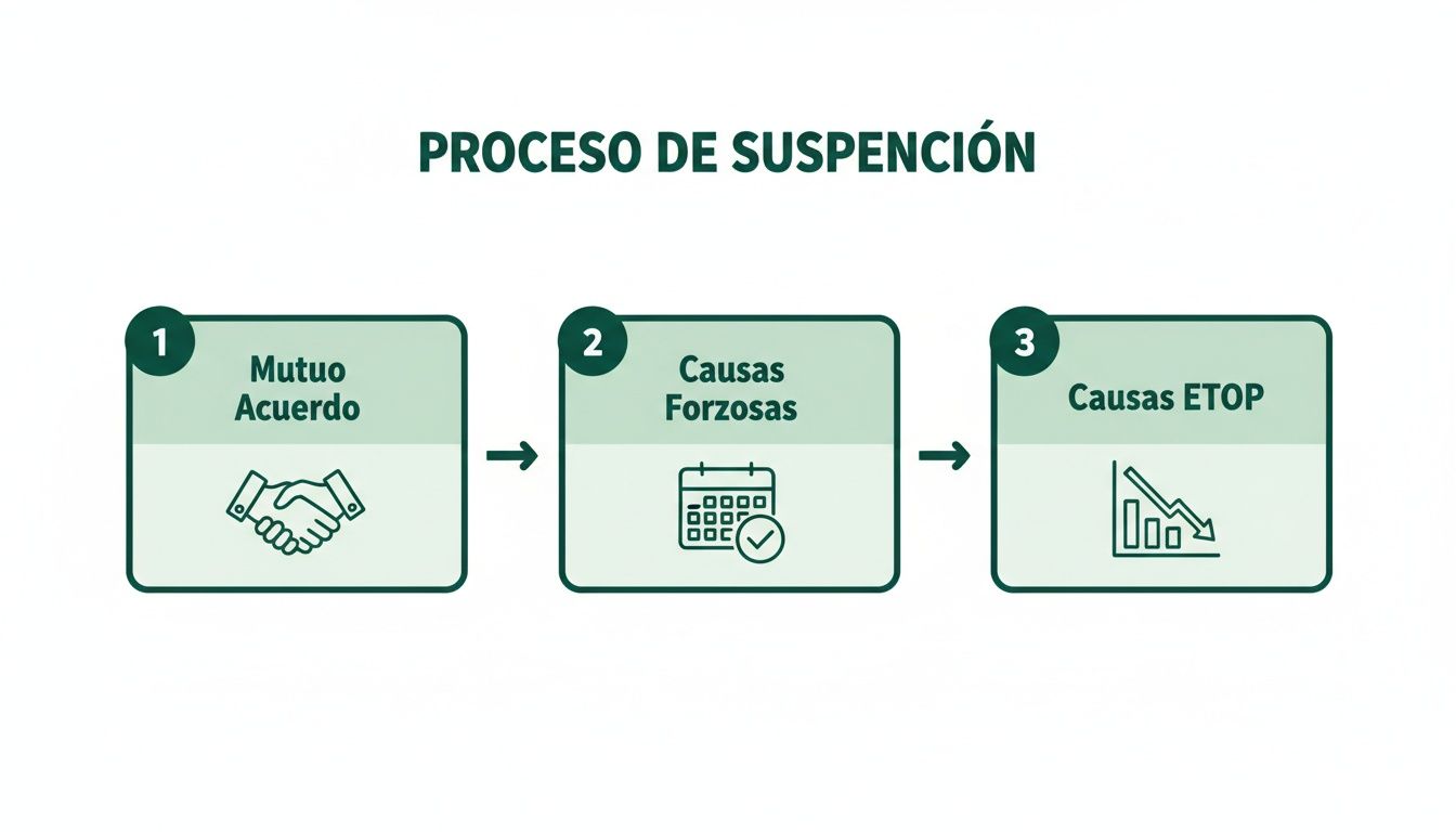 Diagrama de flujo del proceso de suspensión de contrato: mutuo acuerdo, causas forzosas y ETOP.