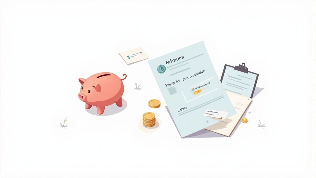 Hucha, monedas, documentos de nómina y prestación por desempleo, y un portapapeles sobre fondo blanco.