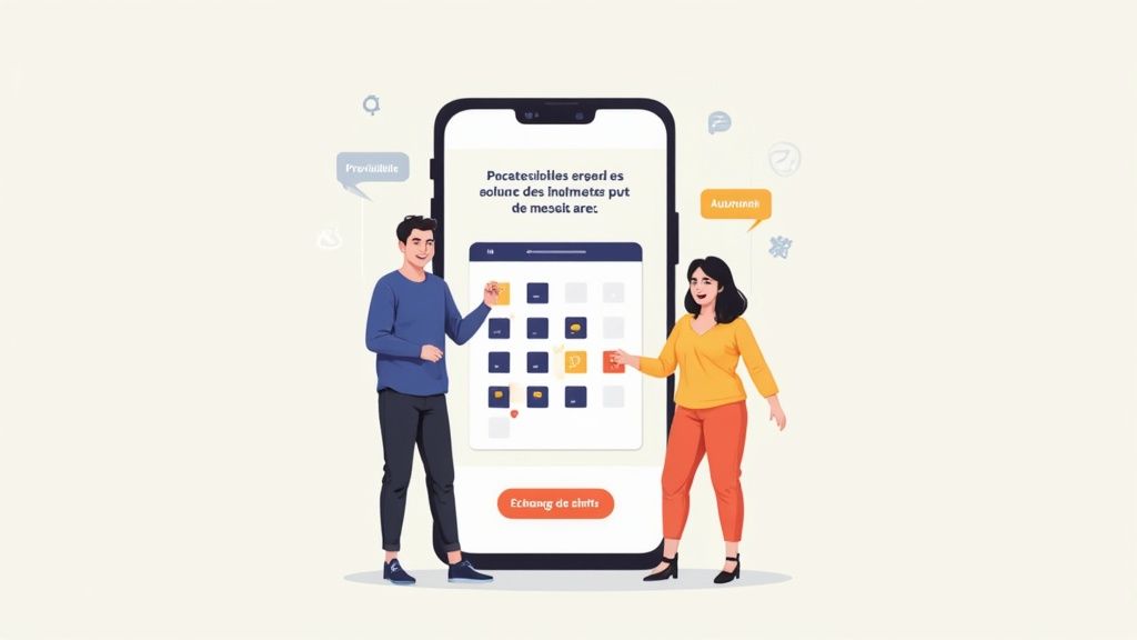 Deux personnes interagissent avec une application mobile de gestion de plannings pour l'échange de shifts.