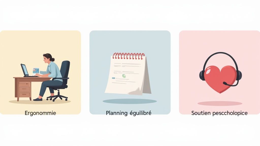 Trois illustrations présentant l'ergonomie au travail, un planning équilibré et le soutien psychologique.