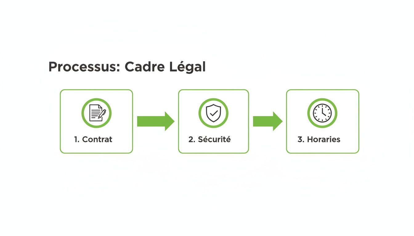 Diagramme de processus montrant le cadre légal du télétravail en trois étapes : contrat, sécurité et horaires.