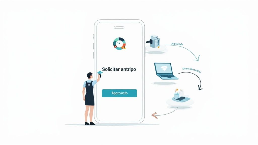 Una persona usa una aplicación móvil para solicitar un anticipo, mostrando un flujo de aprobación con sistemas conectados.