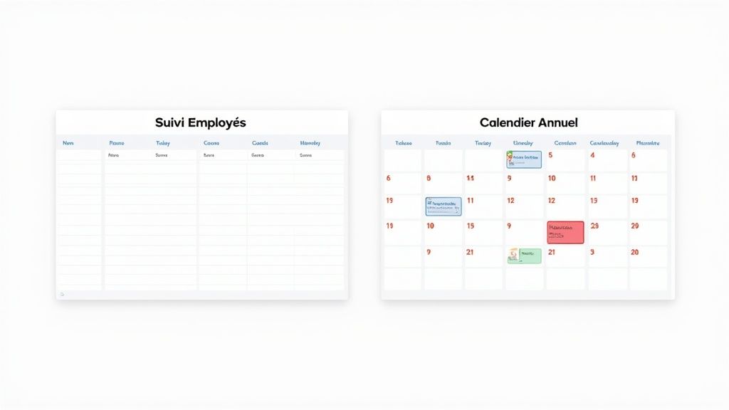 Deux tableaux blancs affichant un suivi des employés et un calendrier annuel avec des événements planifiés.