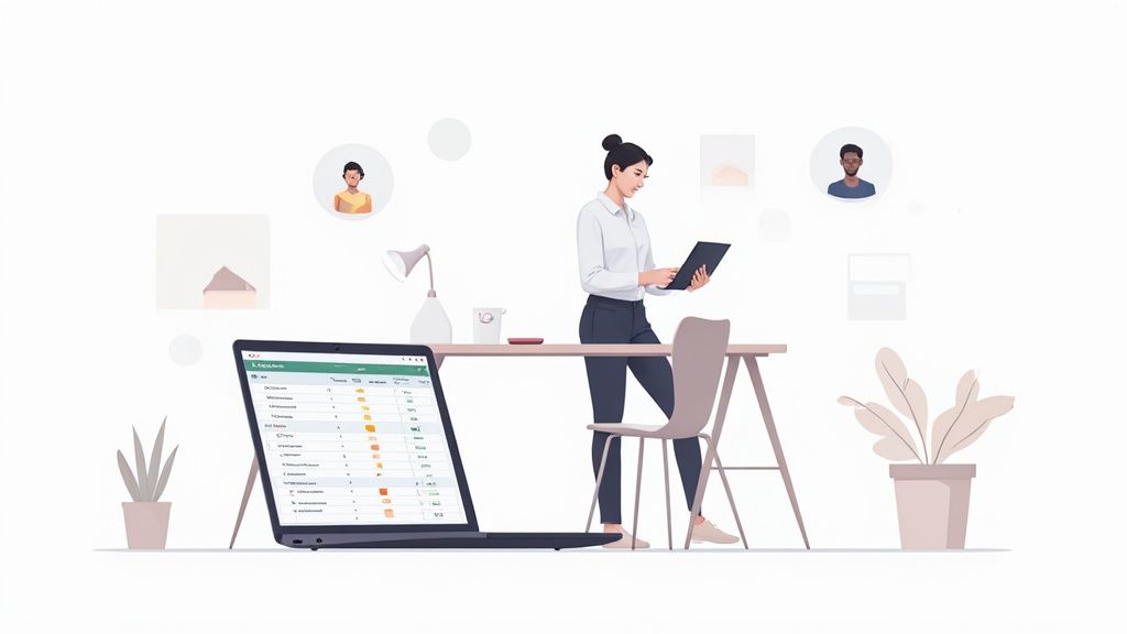Une femme gère des tâches sur une tablette avec un ordinateur portable affichant une feuille de calcul.