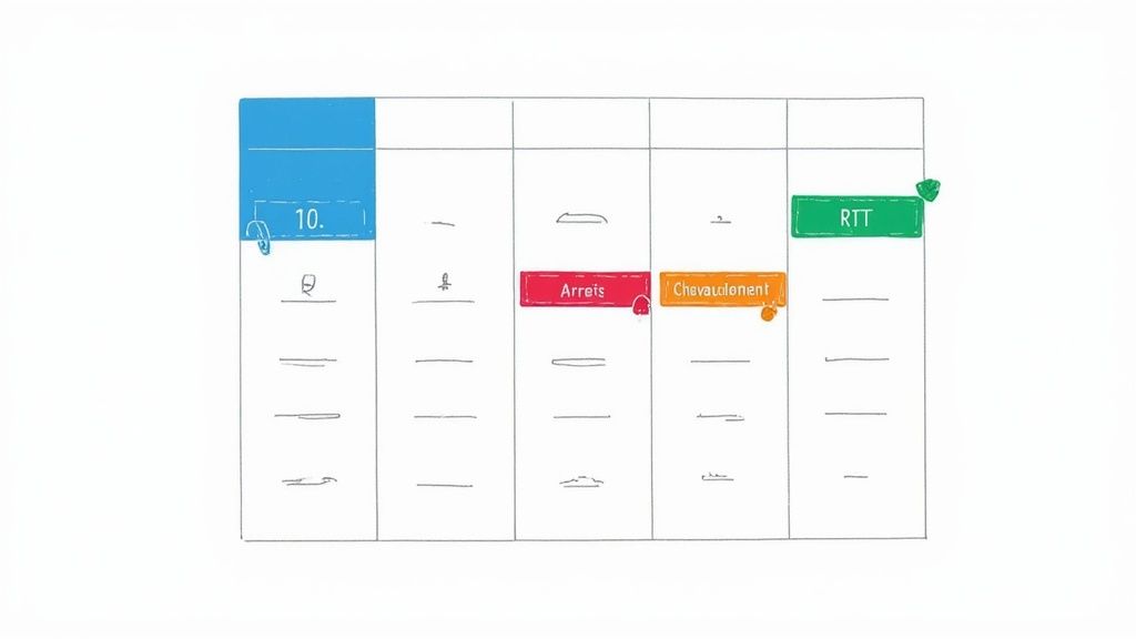 Tableau de planification coloré affichant des entrées pour la date 10, des arrêts, un chevauchement et des RTT.