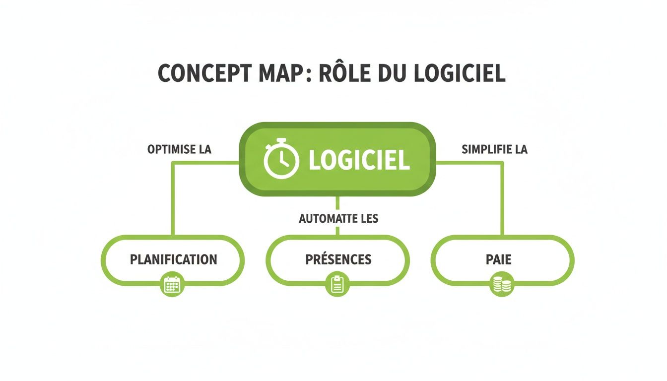 Un organigramme décrivant le rôle d'un logiciel : il optimise la planification, automatise les présences et simplifie la paie.