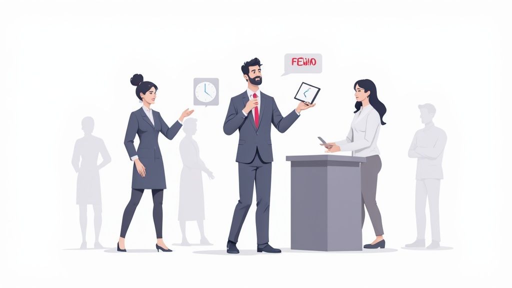 Tres profesionales de negocios presentan un proyecto en una reunión, con un hombre mostrando una tableta y una mujer en un podio.