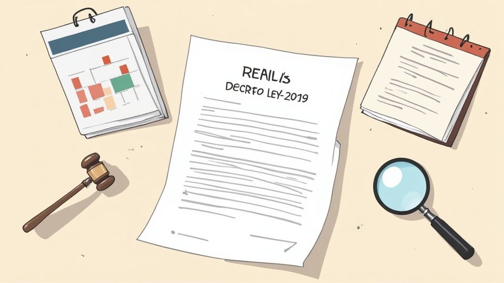 Vista superior de un escritorio con un calendario, documento legal, mazo de juez, libreta y lupa.