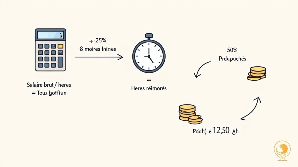 Schéma montrant le calcul des heures de travail, incluant un salaire brut, un bonus de 25% et une rémunération en euros.