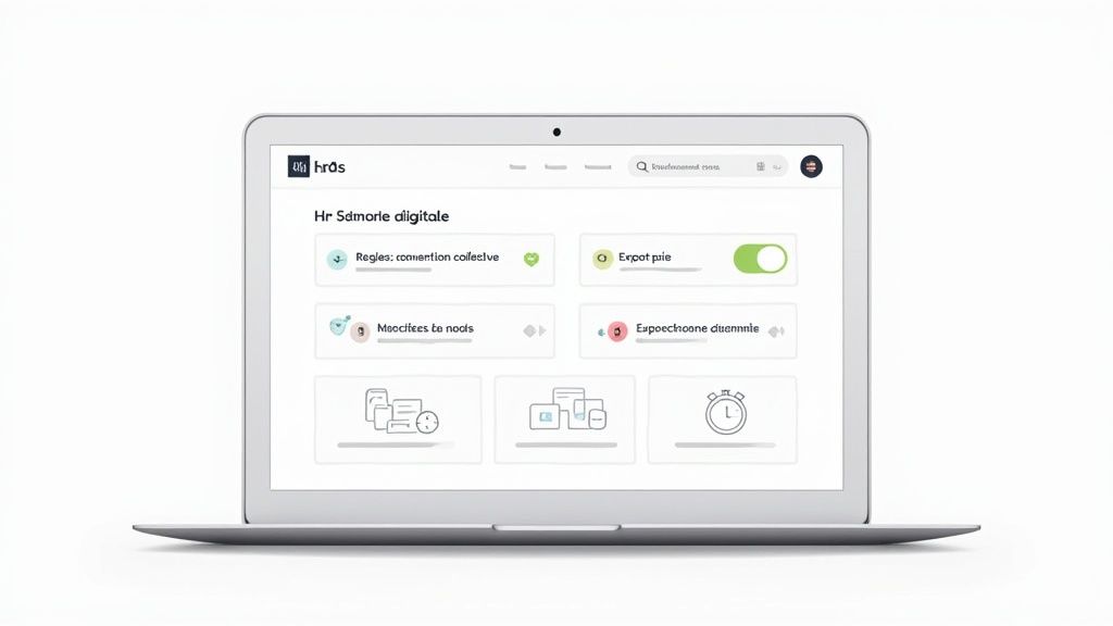 Un ordinateur portable affichant une interface logicielle de gestion RH avec des modules pour les règles et l'export de paie.