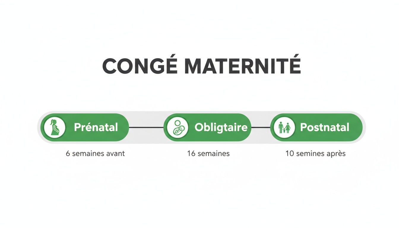 Schéma illustrant les phases du congé maternité : prénatal (6 semaines avant), obligatoire (16 semaines) et postnatal (10 semaines après).
