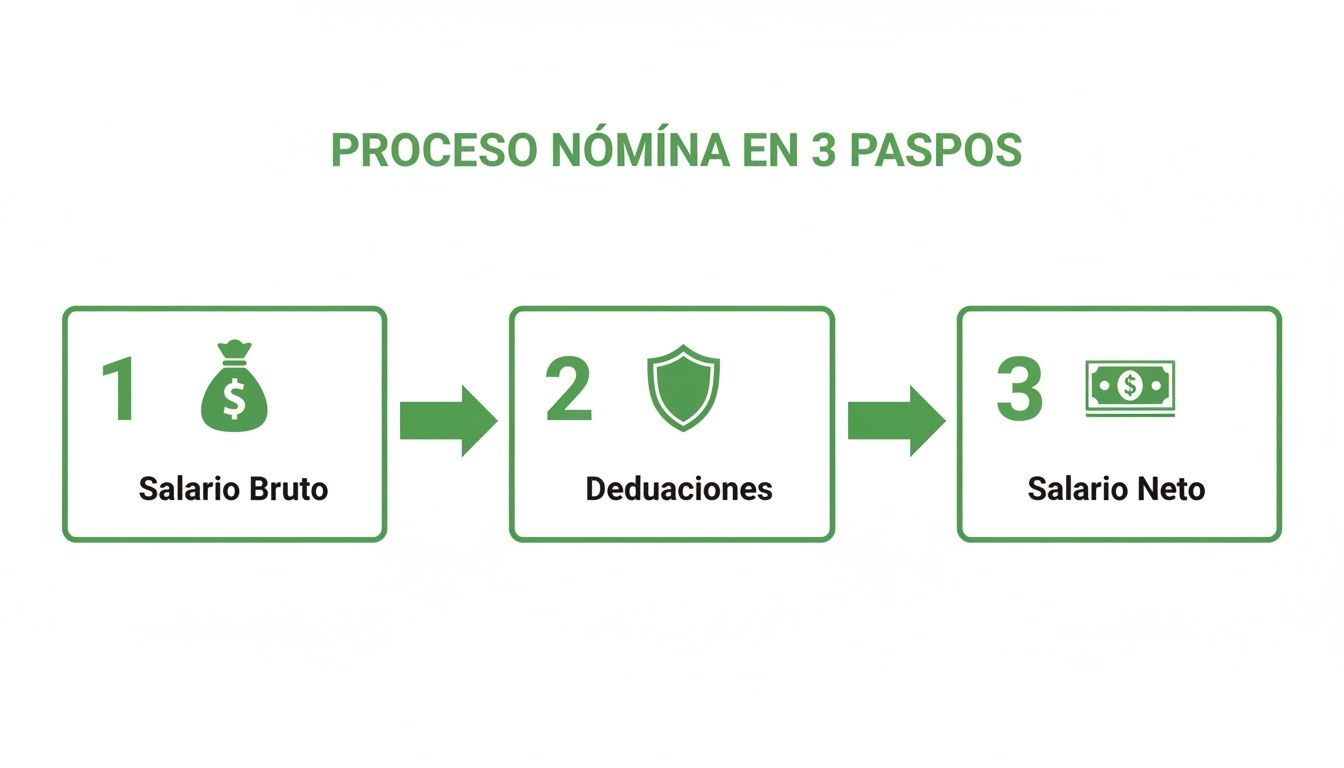 Diagrama visual del proceso de nómina en 3 pasos: salario bruto, deducciones y salario neto.