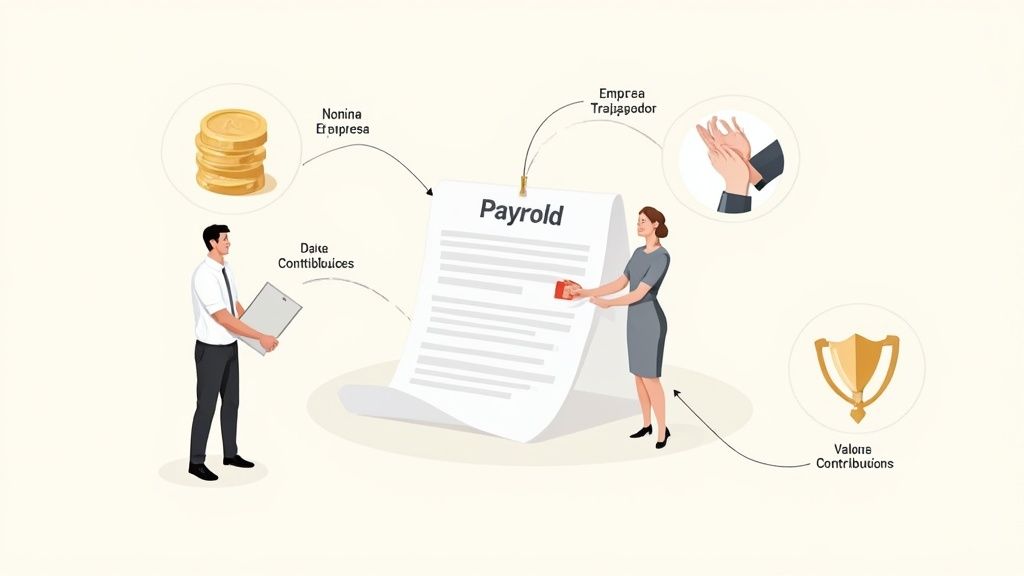Ilustración del proceso de nómina en España, mostrando empleados, empresa, dinero y contribuciones laborales.