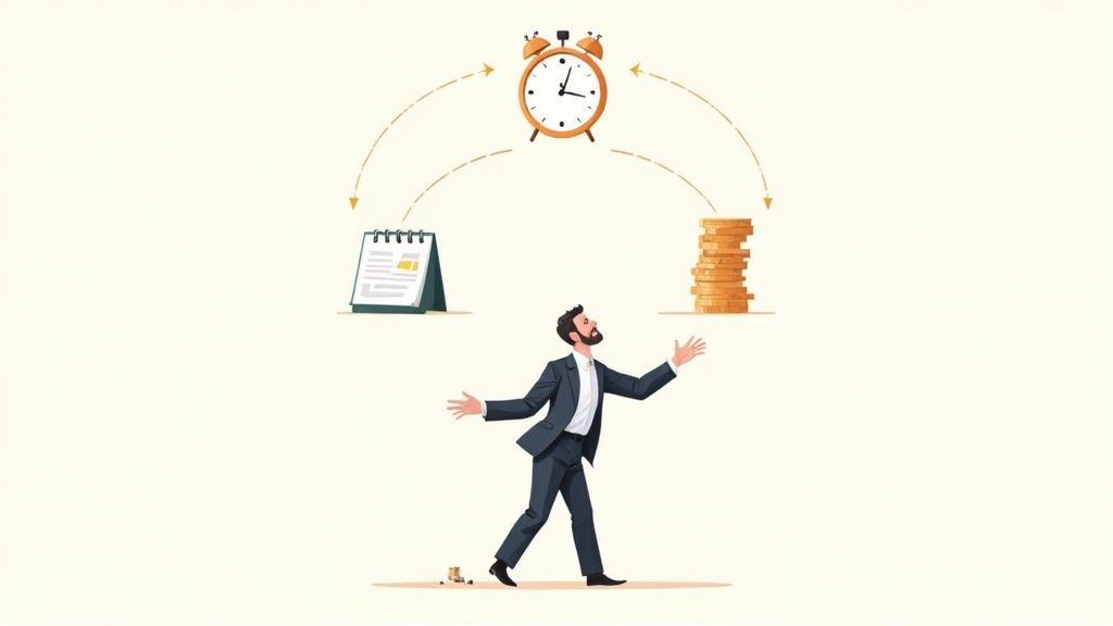 Un homme jongle avec le temps, l'argent et les tâches sur un calendrier, illustrant la gestion du travail.