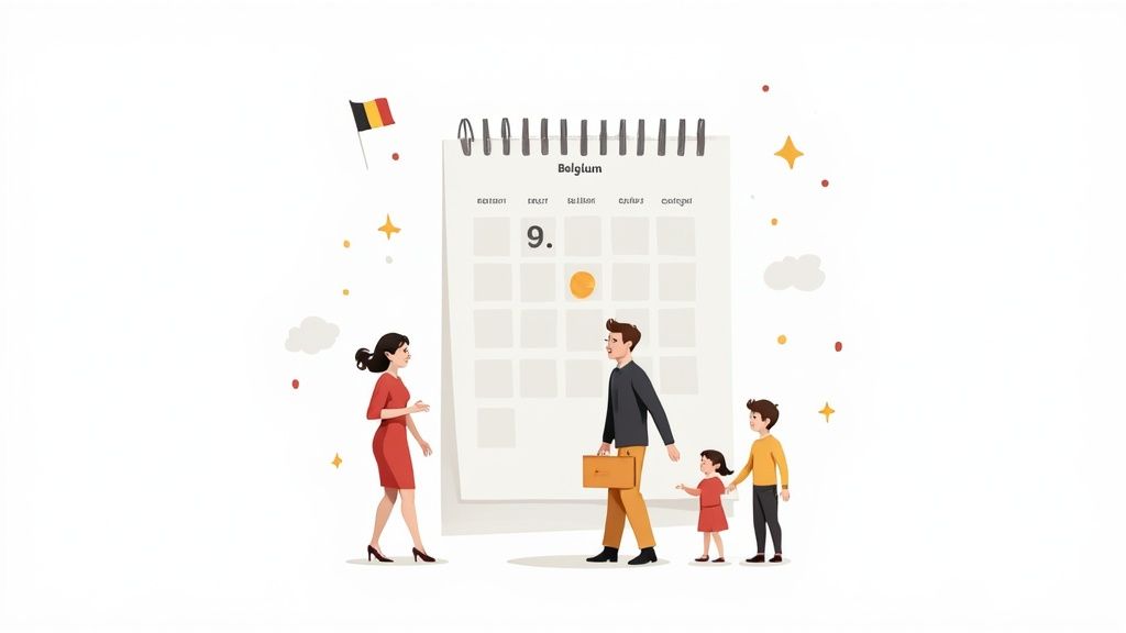Une famille regarde un calendrier affichant la Belgique et une date importante, avec le drapeau belge.