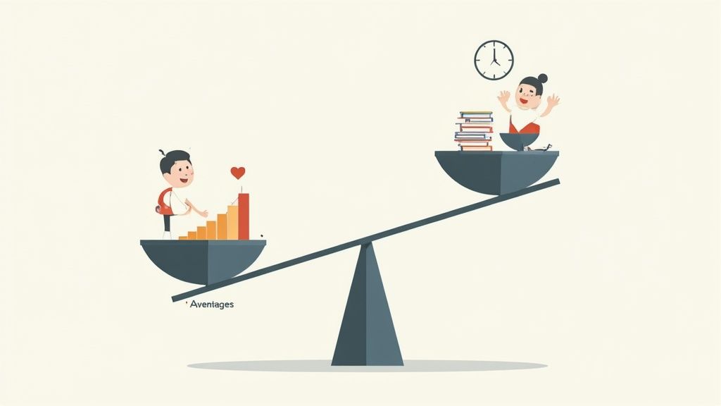 Balance montrant que les avantages (progression, cœur) l'emportent sur le travail (livres, horloge) et le temps.