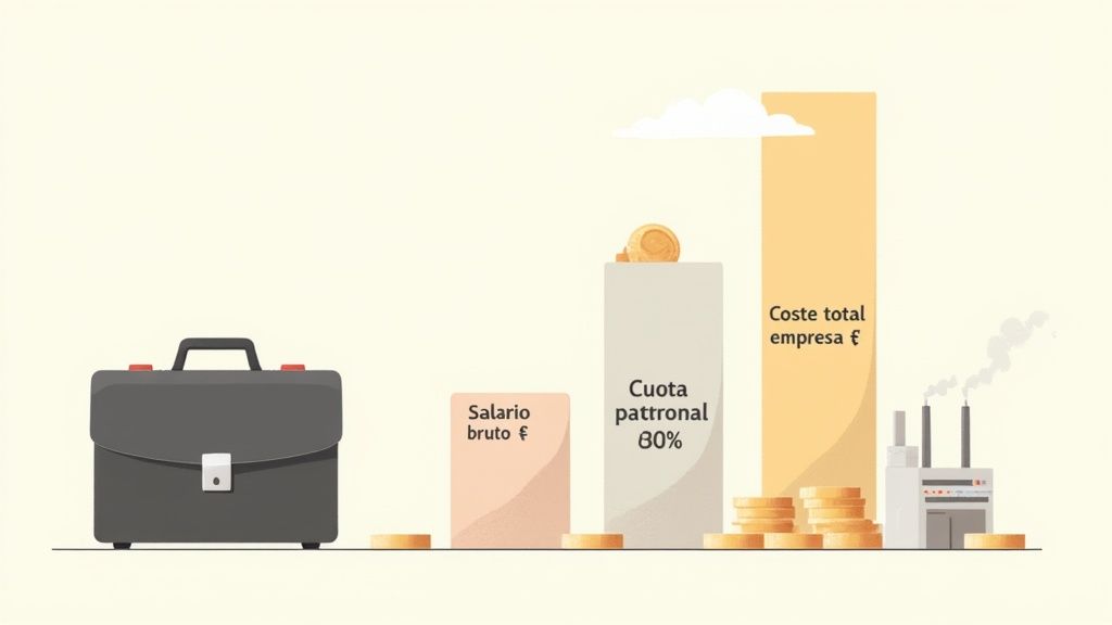 Gráfico de barras: salario bruto, cuota patronal y coste total de la empresa, con maletín y monedas.
