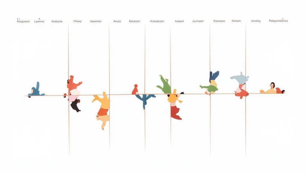 Illustration colorée de personnages stylisés en diverses poses, certains à l'envers, organisés sur une ligne chronologique.