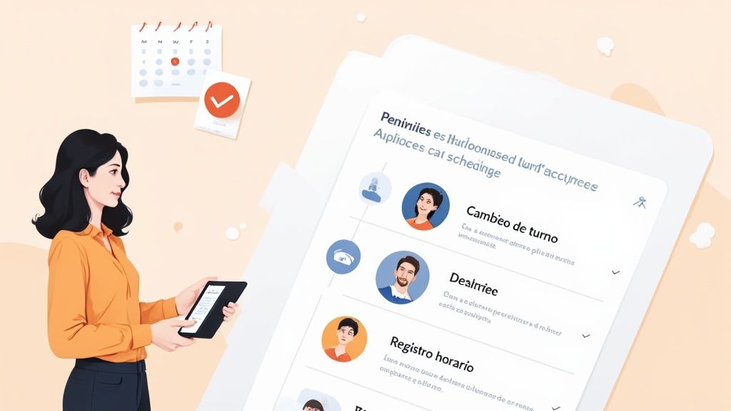 Mujer usando una tablet con aplicación de gestión de turnos y calendario de fondo.