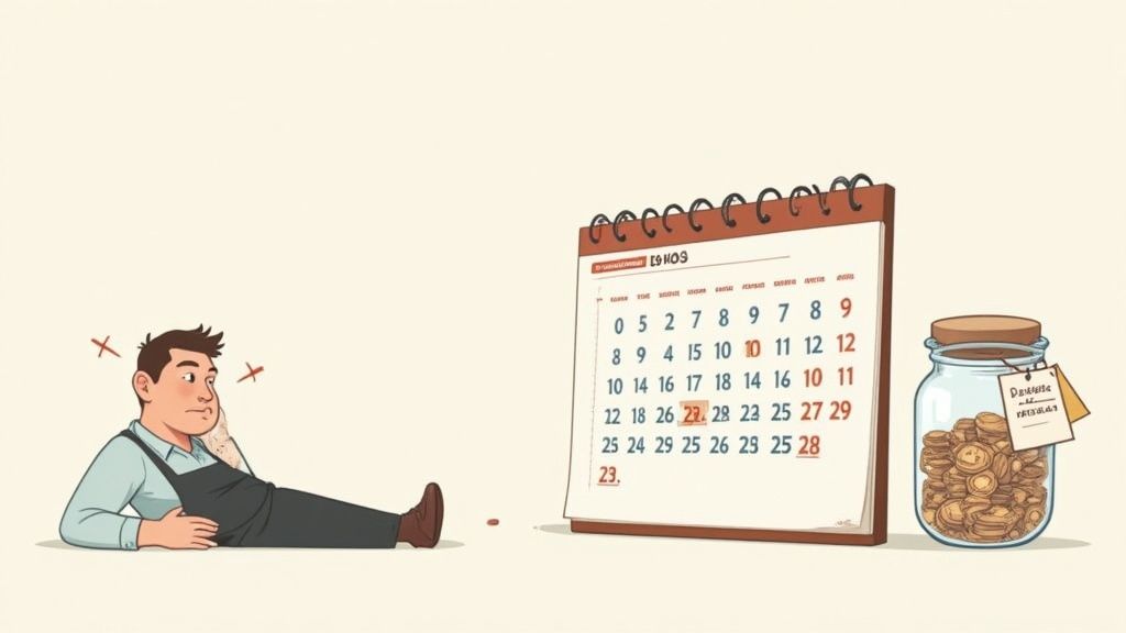 Un hombre frustrado mira un calendario con días resaltados y un frasco de monedas, simbolizando la espera.