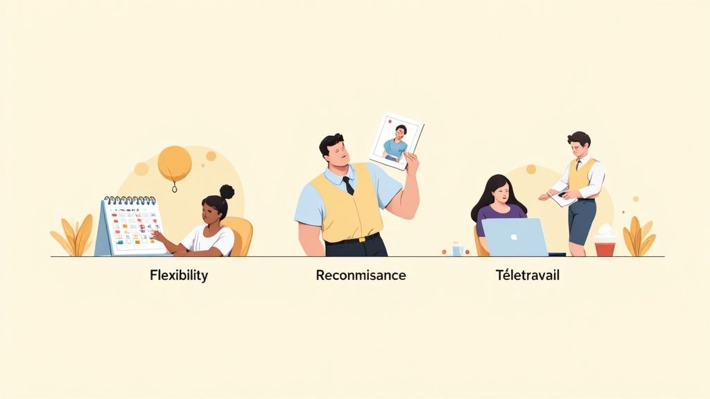 Illustration de trois scènes représentant la flexibilité, la reconnaissance et le télétravail au bureau.