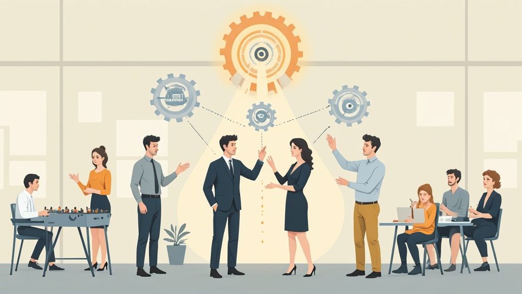Professionnels interagissant dans un bureau, avec des engrenages symbolisant le travail d'équipe et les processus.
