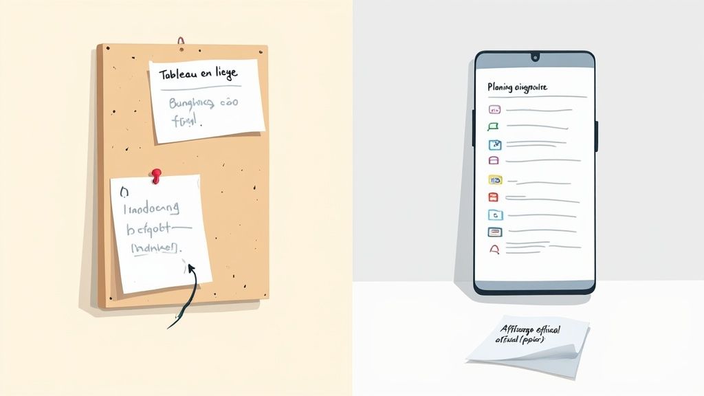 Tableau en liège avec notes manuscrites et smartphone affichant un planning numérique.