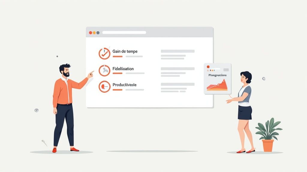Illustration de deux personnes discutant de gains de temps, fidélisation et productivité avec un graphique de planification.