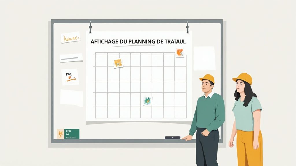Deux personnes devant un tableau d'affichage de planning de travail, avec des notes et un calendrier.