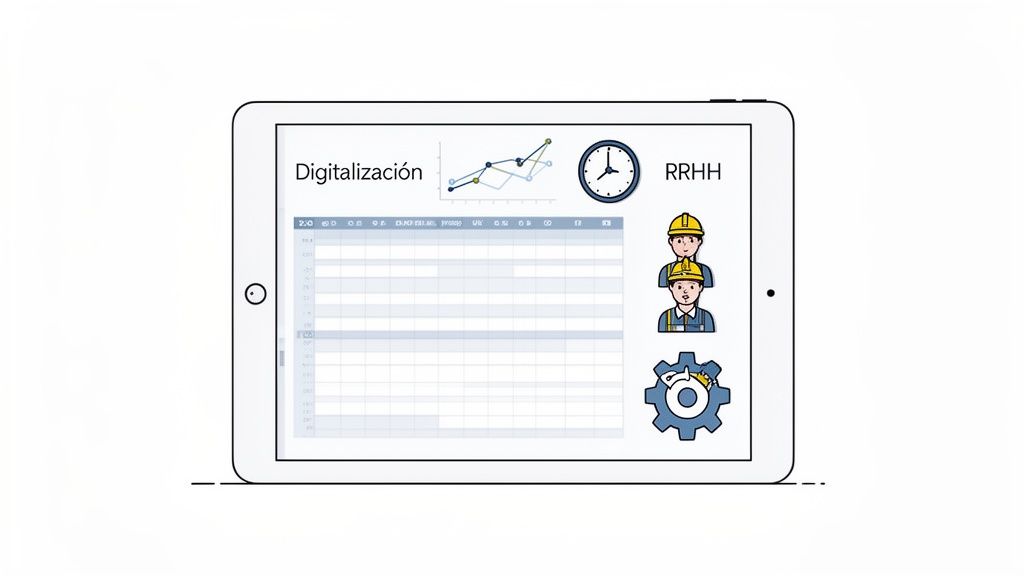 Tablet mostrando digitalización de RRHH, registro horario de trabajadores, gráficos de datos y engranaje.