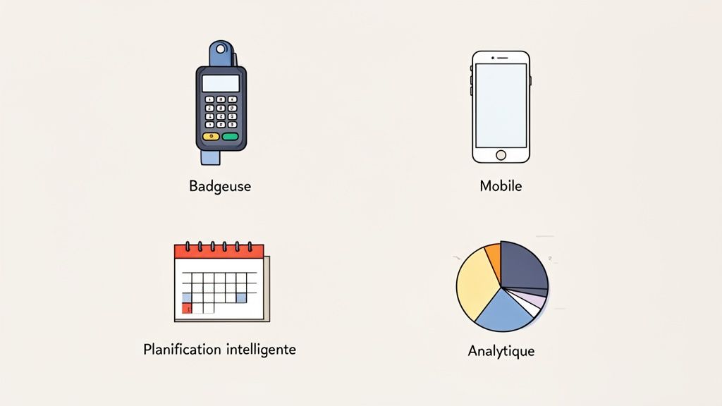 Quatre icônes illustrant des solutions de gestion du temps : badgeuse, mobile, planification intelligente et analytique.