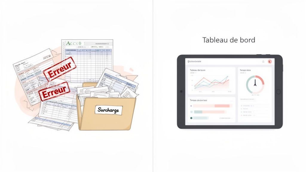 Documents papier désordonnés avec erreurs et surcharge, contrastant avec un tableau de bord numérique clair et efficace.