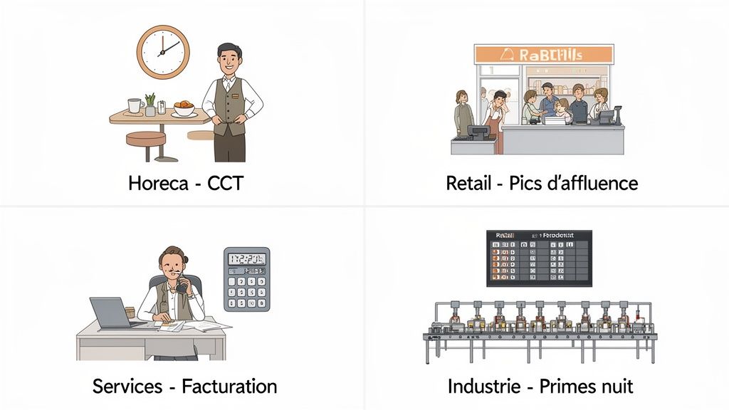 Illustration montrant la gestion du temps et du personnel dans les secteurs de l'hôtellerie, du commerce, des services et de l'industrie.
