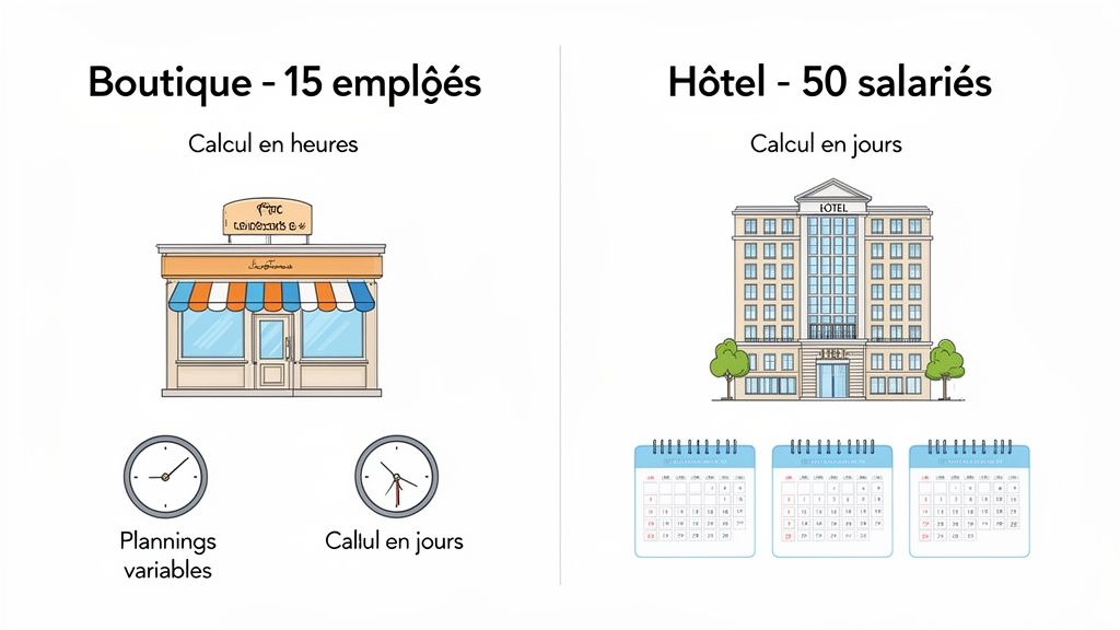 Image comparant le calcul du temps de travail pour une boutique (15 employés, heures, plannings variables) et un hôtel (50 salariés, jours, calendriers).