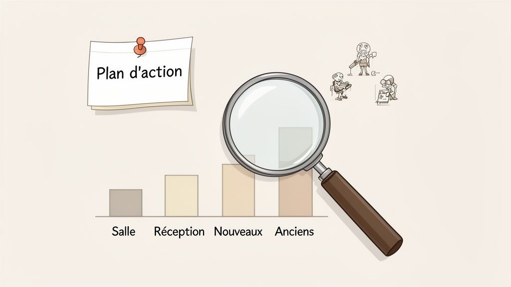 Note 'Plan d'action' épinglée au-dessus d'un graphique à barres, avec une loupe et des figures.